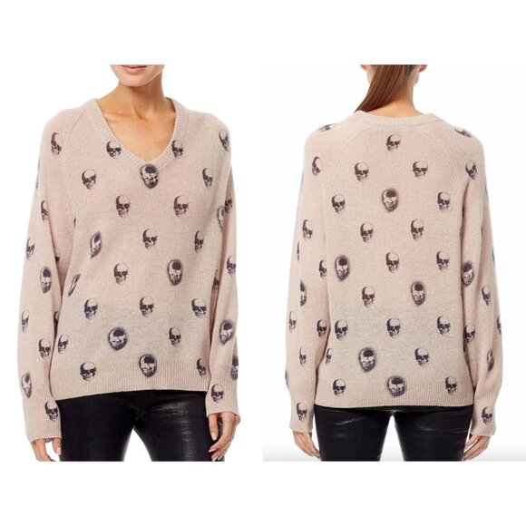 Skull Cashmere Blush Pink Skull V-Neck Jumper Sweater size Small - Picture 1 of 10